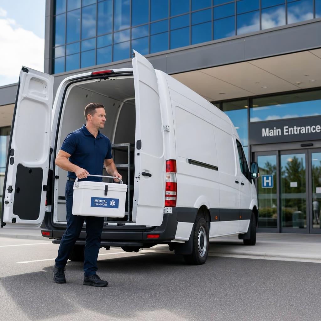 Lifted Logistics cargo van being unloaded outside a medical facility